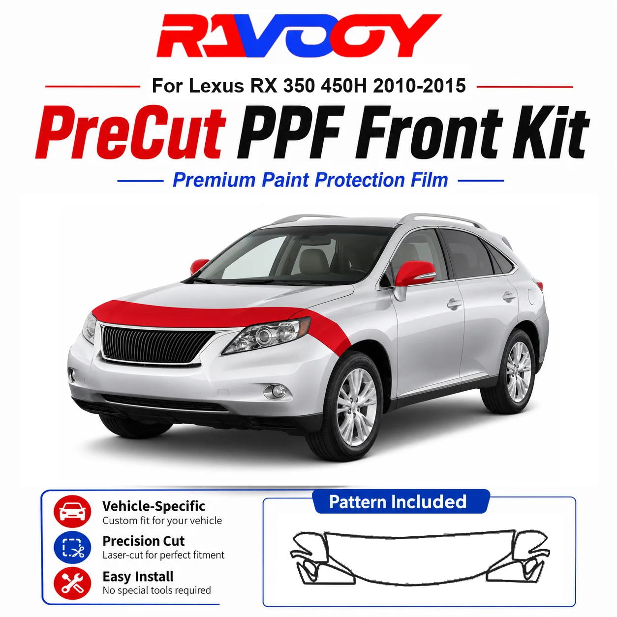 

8.5mil TPU Precut PPF Kit For Lexus RX 350 450H 2010-2015 - Hood, Fenders & Mirror Set - Self-Healing Clear Bra Film