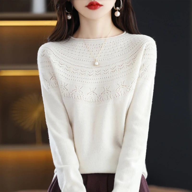 New autumn and winter 100% wool first-line ready-to-wear hollow women's pullover O-neck cashmere sweater knitted solid color