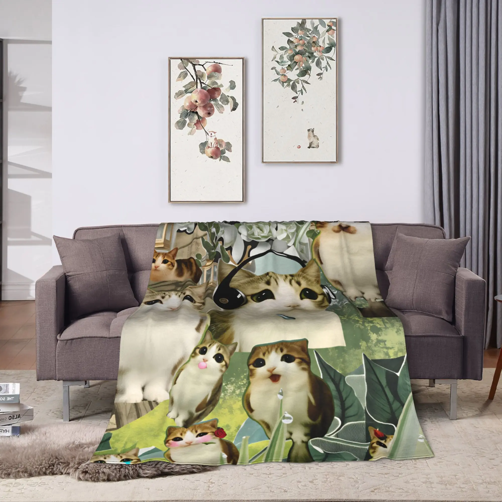 Garden Meowl Cat Collage Blankets Autumn  Soft Cozy Throw Blanket For Girl Bedroom Flannel Bedspread Bed Cover