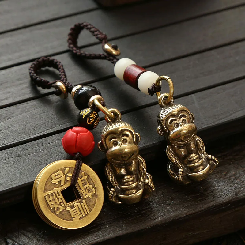 Vintage Pure Handmade Brass Lucky monkey Car Keychain Five Emperors Money Key chain Feng Shui Coins Solid Lucky Key Ring Jewelry