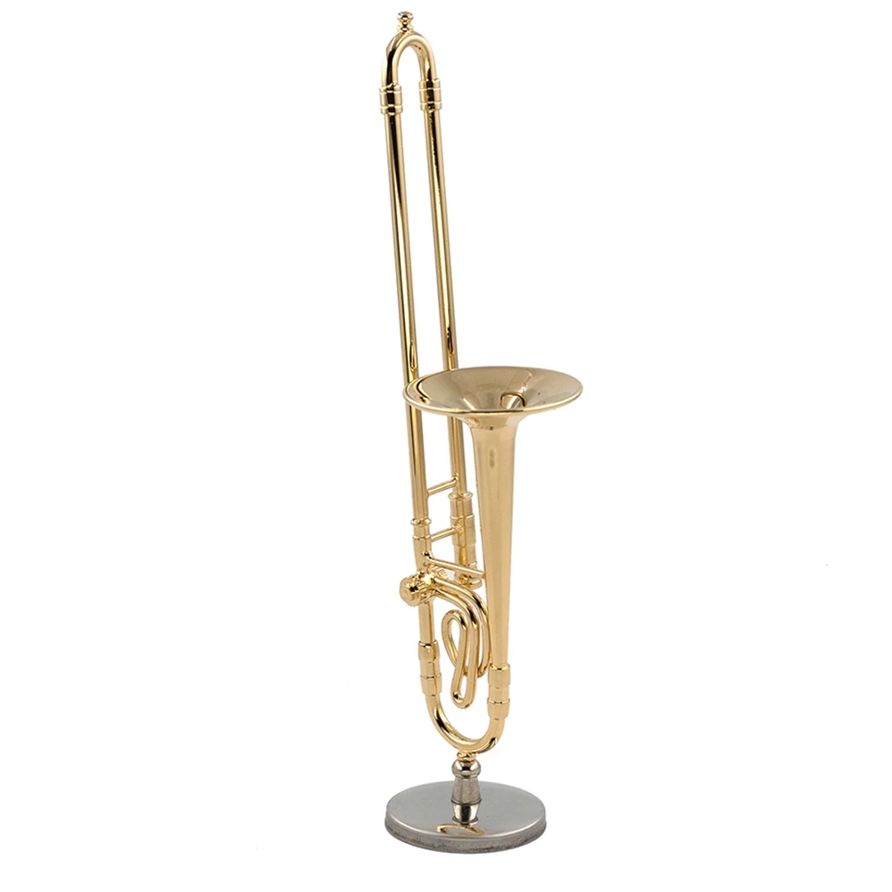 12cm Miniature Pure Copper Trombone Model with Support Mini Musical Instrument Model with Black Leather Box