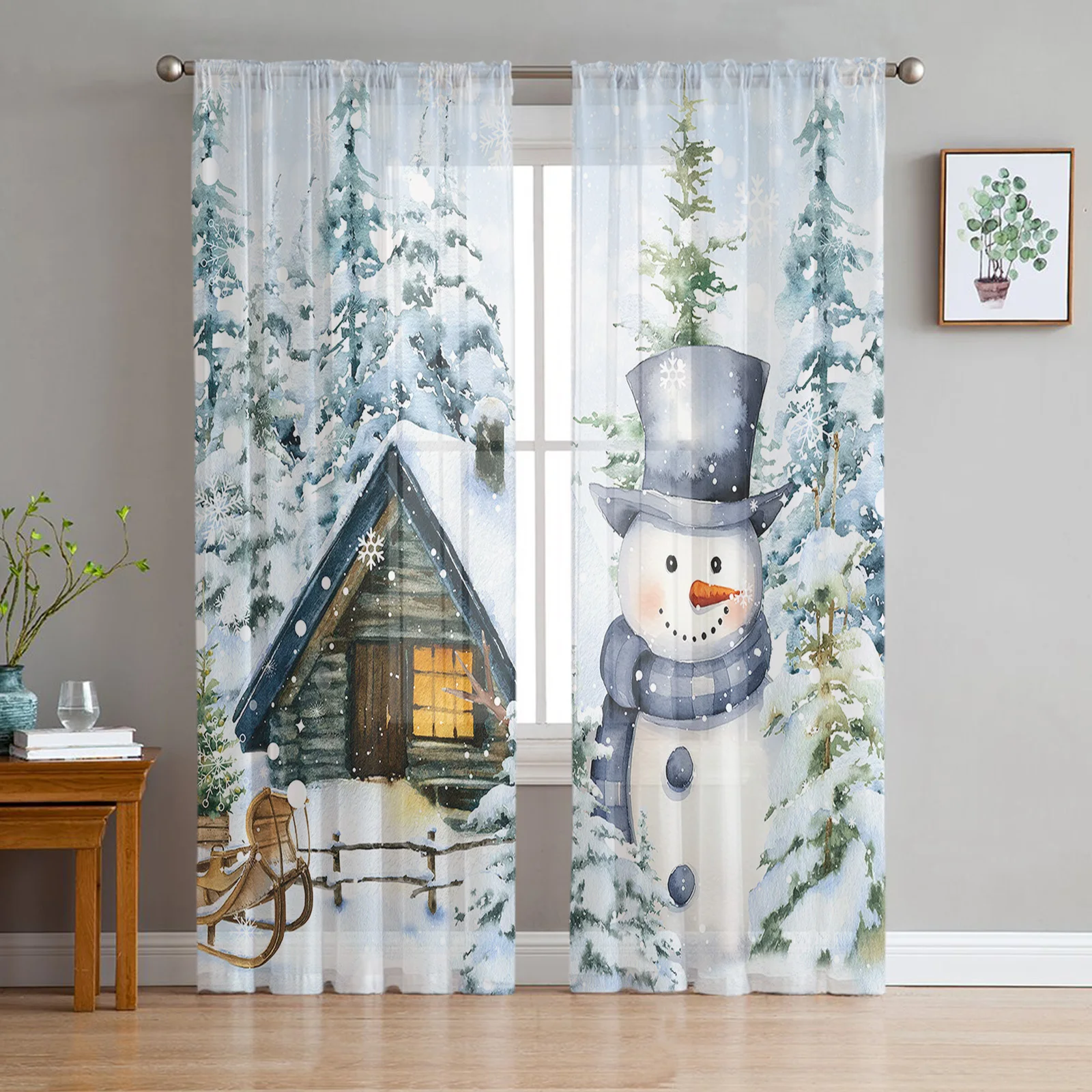 Christmas Snowman Snow Scene Farm Window Tulle Curtains for Living Room Kitchen Christmas Home Decor Sheer Voile Curtains