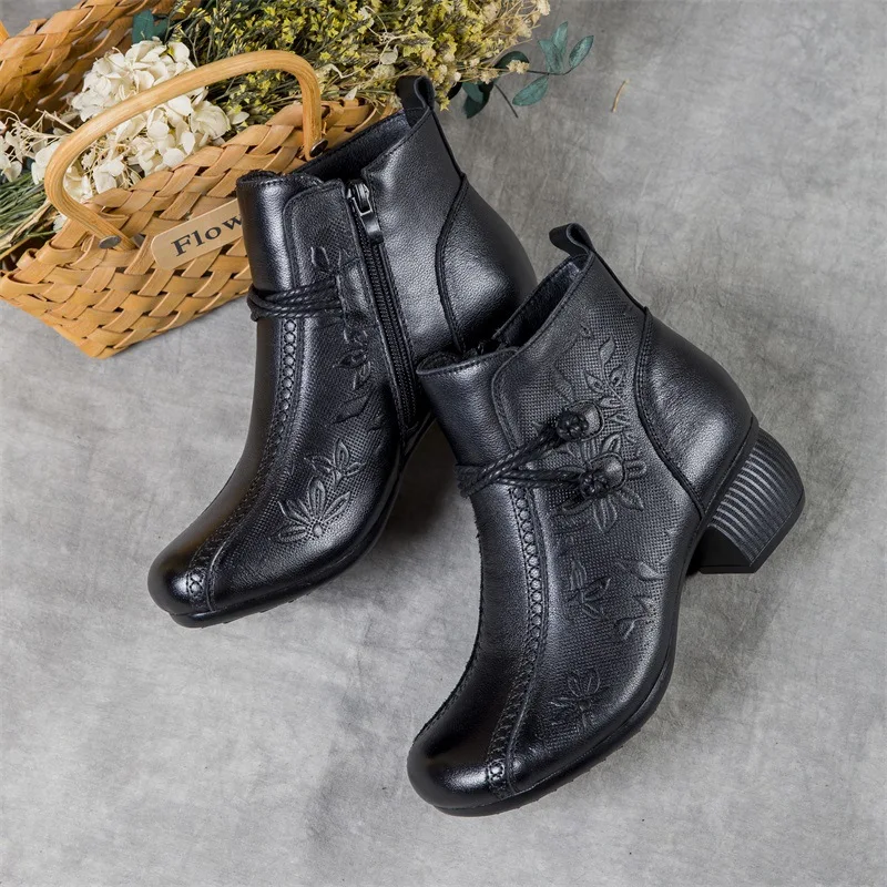 5 سنتيمتر جلد طبيعي Bossed الأحذية حذاء بكعب سميك الجوارب البريدي الخريف الشتاء كعب العرقية الكاحل النساء أحذية الربيع الموضة