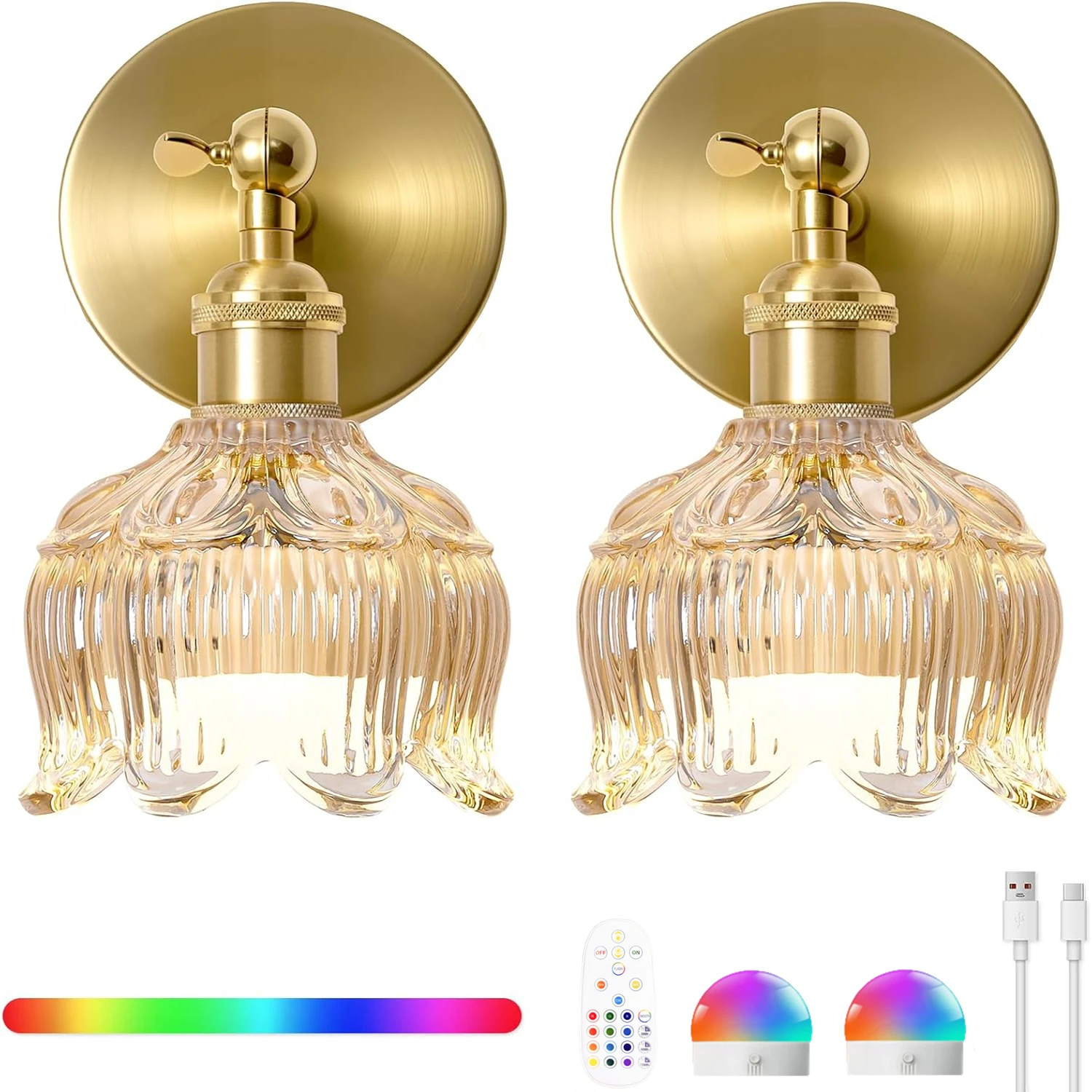 

Настенный светильник в стиле ретро с батарейным питанием, перезаряжаемый и затемняемый, с 15-цветным пультом дистанционного управления, стеклянный абажур, беспроводное освещение для установки - настенный светильник с беспроводным питанием для спальни, гос