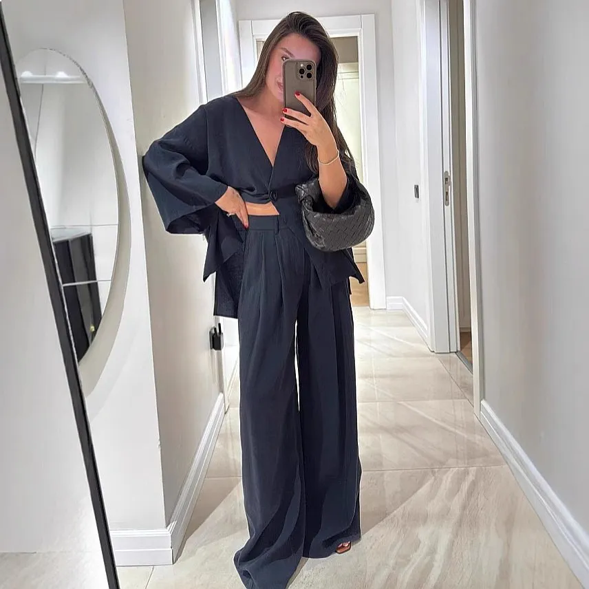 Women's Matching Set V Neck One Button Loose Sleeve Top High Waist Trousers 2 Piece Outfit Retro Vacation Suit