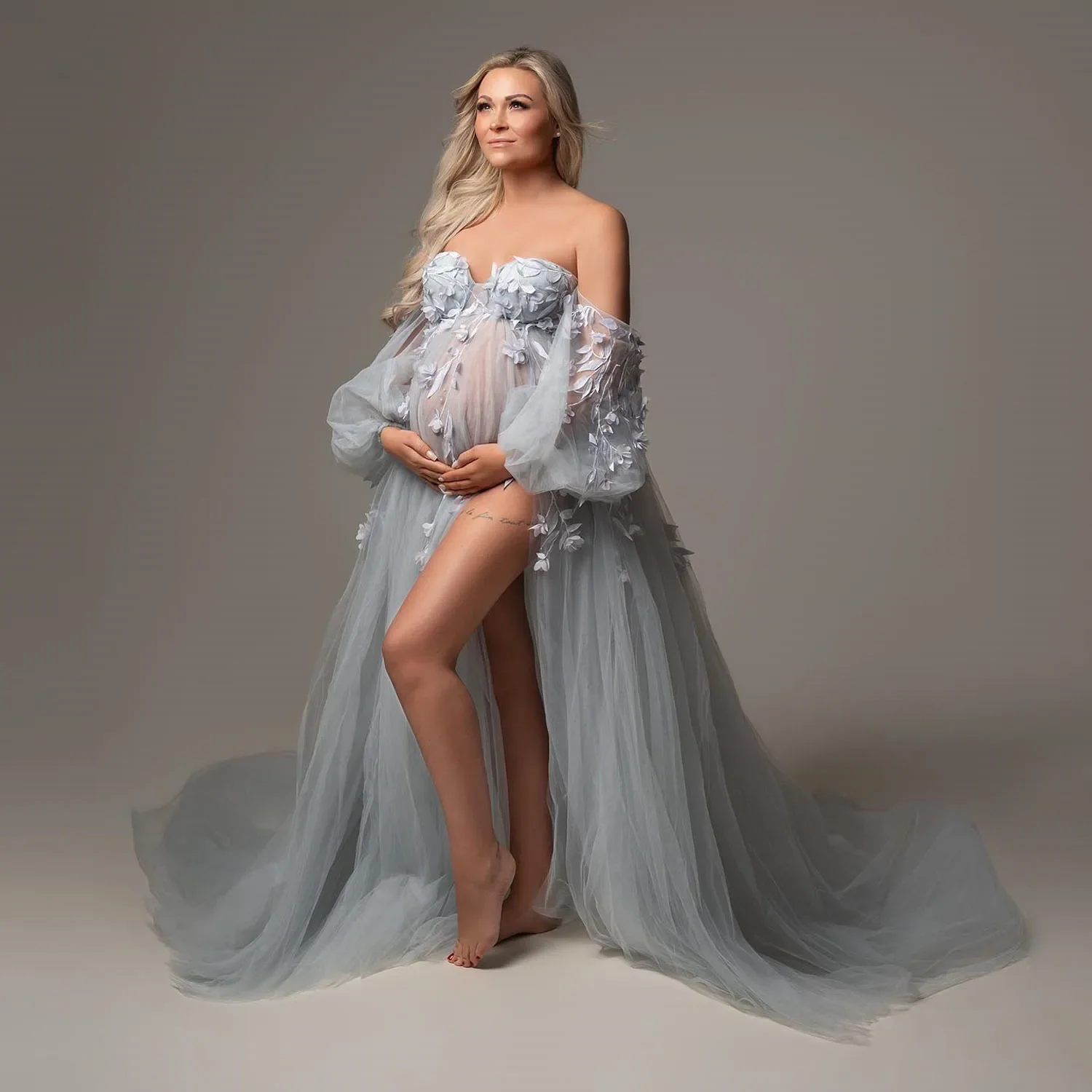 HOBBY Elegant Lace Tulle Maternity Dresses Extra Puffy Photo Shoot Appliques 3D Flower Pregnancy Dress Bridal Gowns Side Slit