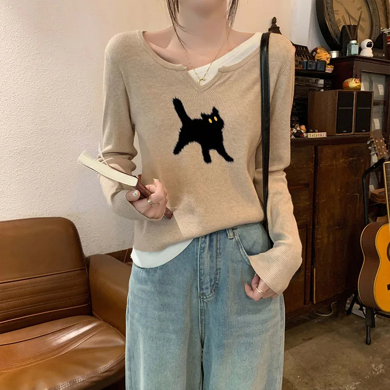 

Autumn Winter Fashion Jacquard Loose Wool Pullovers Fake Two Pieces Solid Knitted Jumper Women Vintage Commute O-neck Sweaters