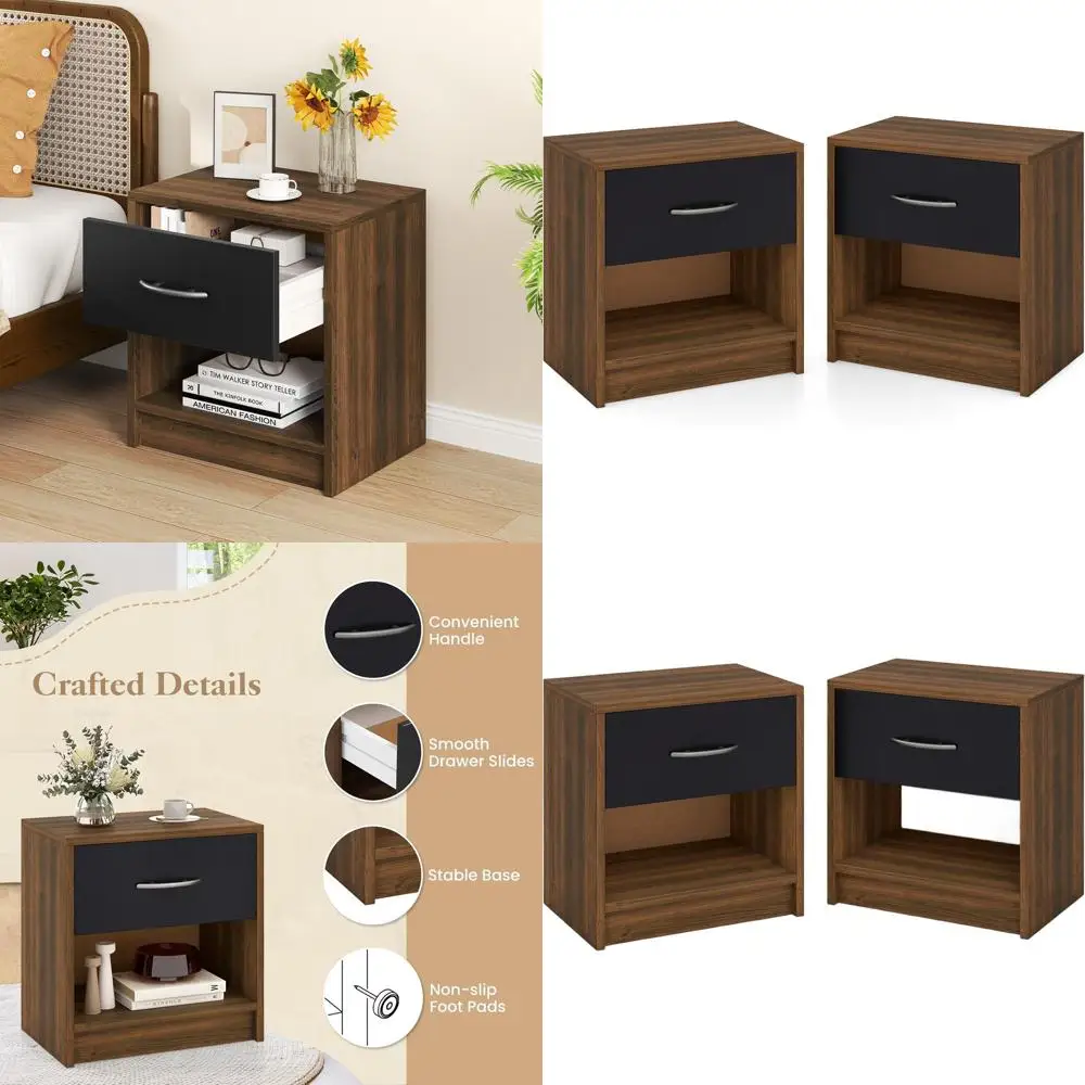 

Rustic Wooden Nightstand Set, 2-Piece with Drawers and Shelf, Ideal for Small Spaces and Home Office, Brown
