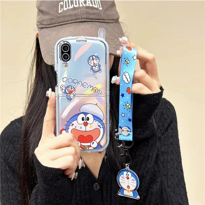 Cute Cartoon Japan Anime Doraemon Phone Case For Samsung Galaxy Z Flip 7 6 5 Hard TPU Cover For Z Flip 4 3 With lanyard
