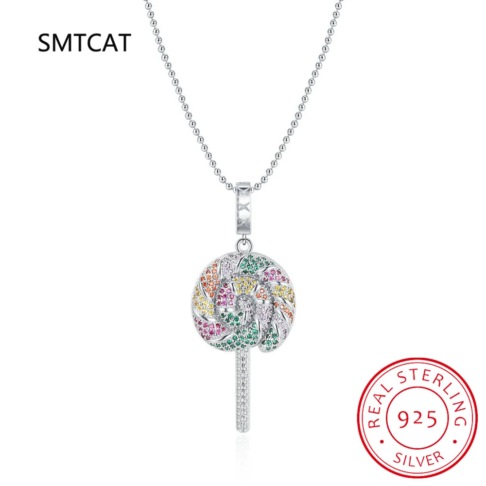 925 Sterling Silver Rainbow Colorful Zirconia Lollipop Pendant Necklace Fashion Neck Chain For Women Fine Jewelry Colar de Prata