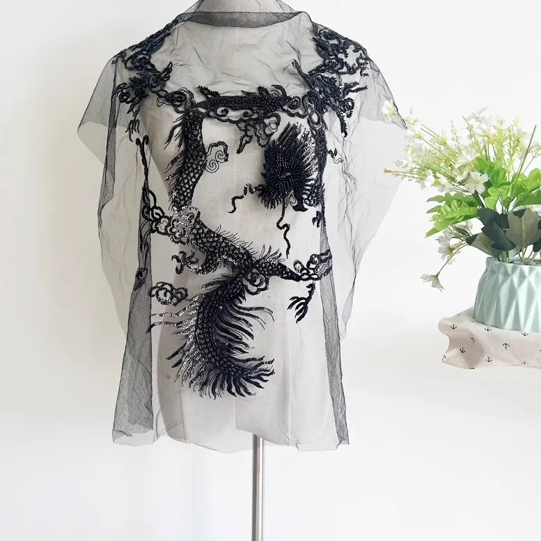 Parche bordado de dragón de nube auspiciosa negra, accesorios de ropa DIY, cuentas, lentejuelas, accesorios parches termoadhesivos ropa