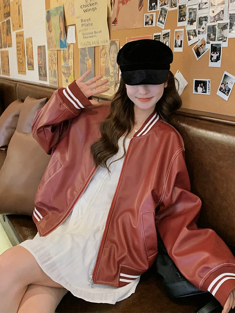 American Sle Streetwear Red Leather Jaet Damen Casual Ort Länge Cool Sle Frühling Herbst Baseball orm Ledermantel