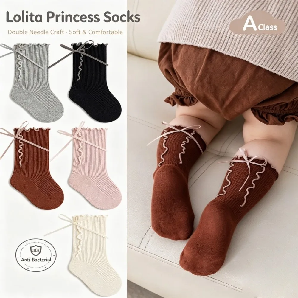 Cotton Material Cotton Mid Calf Socks Seamless Toe No Leg Restriction Princess Socks Mid Calf Length Loose Cuff Ruffle Bow Socks