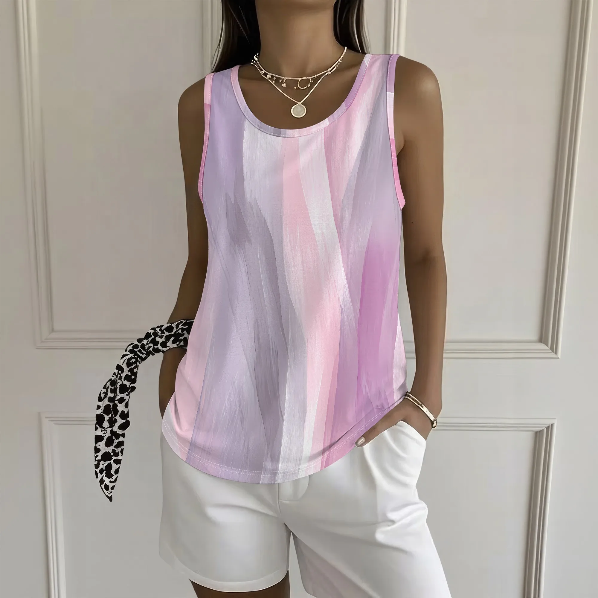 Pink Purple Gradient Tank Top, Abstract Watercolor Print Sleeveless Shirt, Soft Summer Casual Blouse for Women, S-2XL