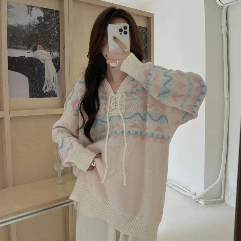 

Autumn and Winter New Knitted Hooded Sweater Women Loose Vintage Lace-up Striped Knit Tops Lazy Long-sleeved Sweaters Female