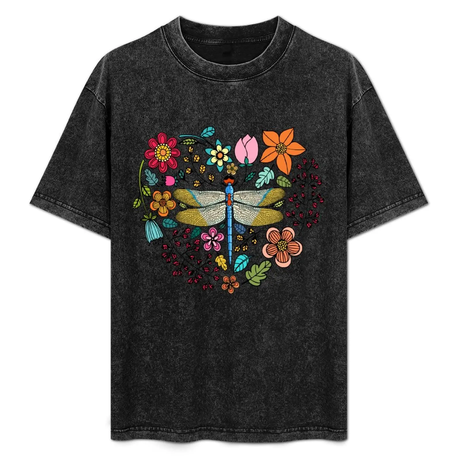 

Cute Dragonfly Among Flowers T-Shirt Simple Casual Short Sleeve Tee