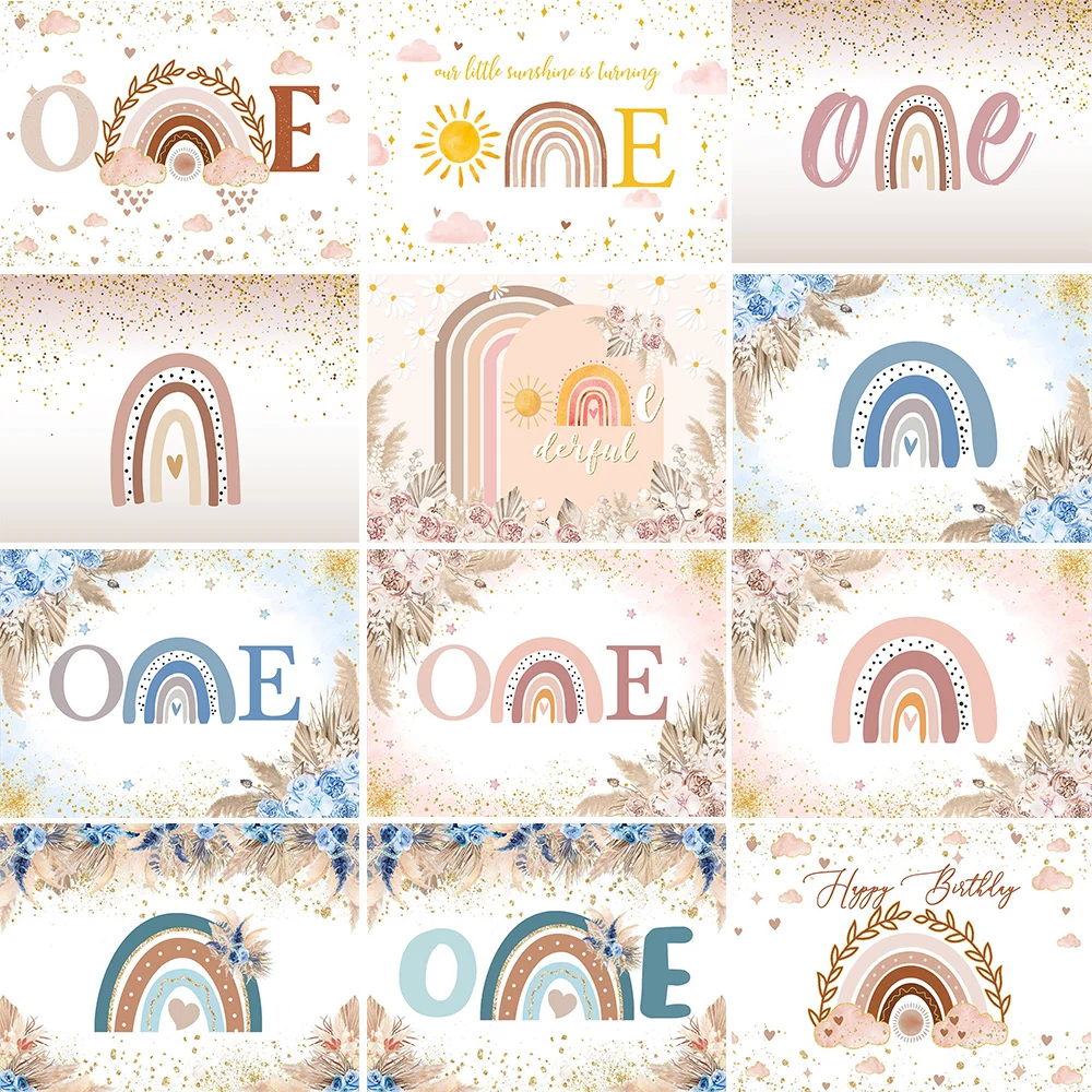 

Mocsicka Bohemian Rainbow Birthday Backdrop Pampas Grass Boho Baby 1st Birthday Party Decoration First One Cake Smash Background