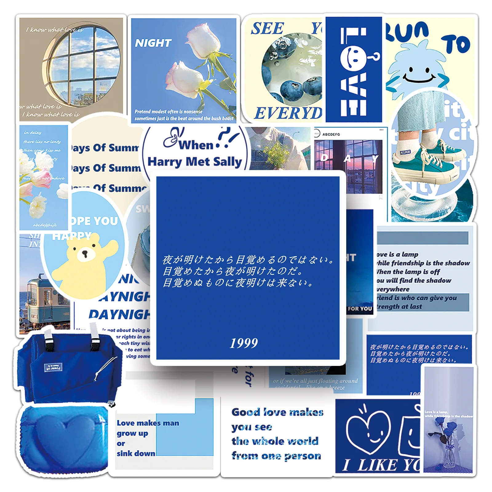 

50PCS Blue Ins Style Sticker Material Pack Graffiti DIY Decorable Water Cup Guitar Luggage iPad Waterproof Stickers Kids Toy