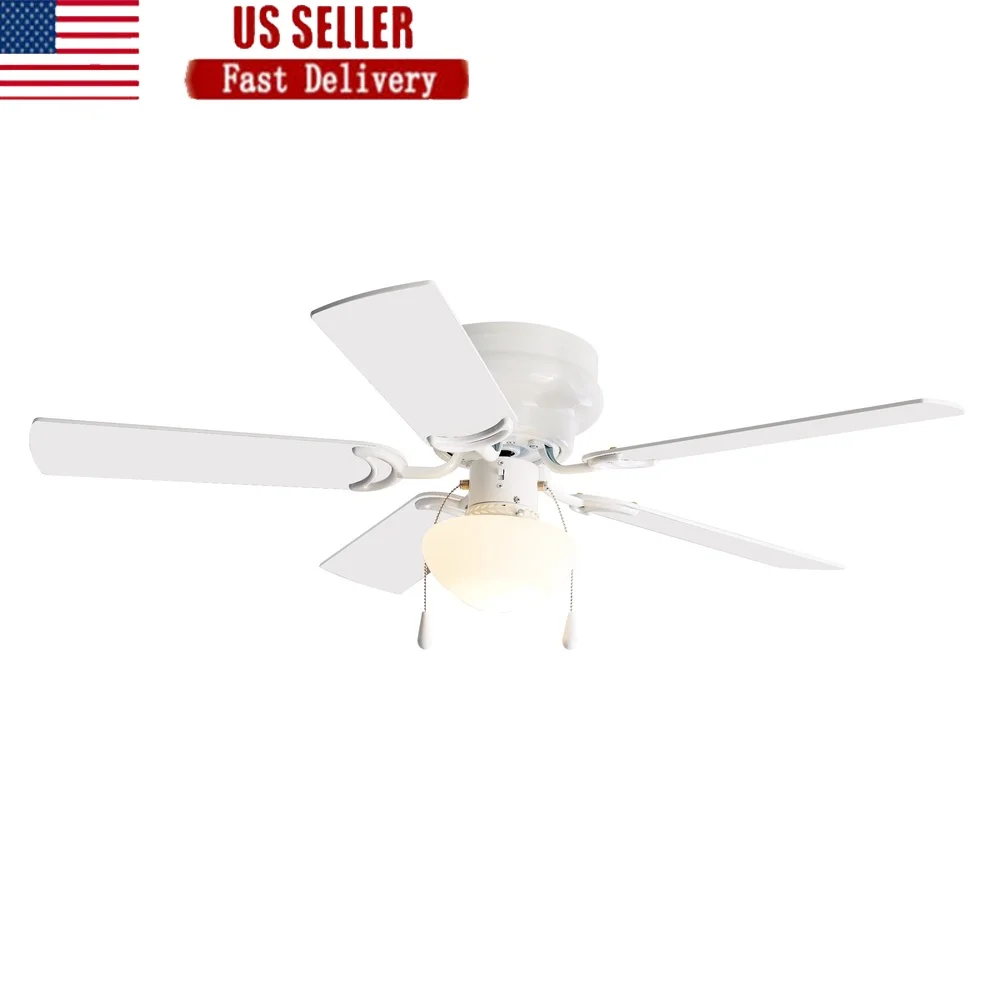 

52 Inch Indoor Hugger Ceiling Fan with Light Kit 5 Reversible Blades Quiet Motor Low Profile Design Easy Pull Chains