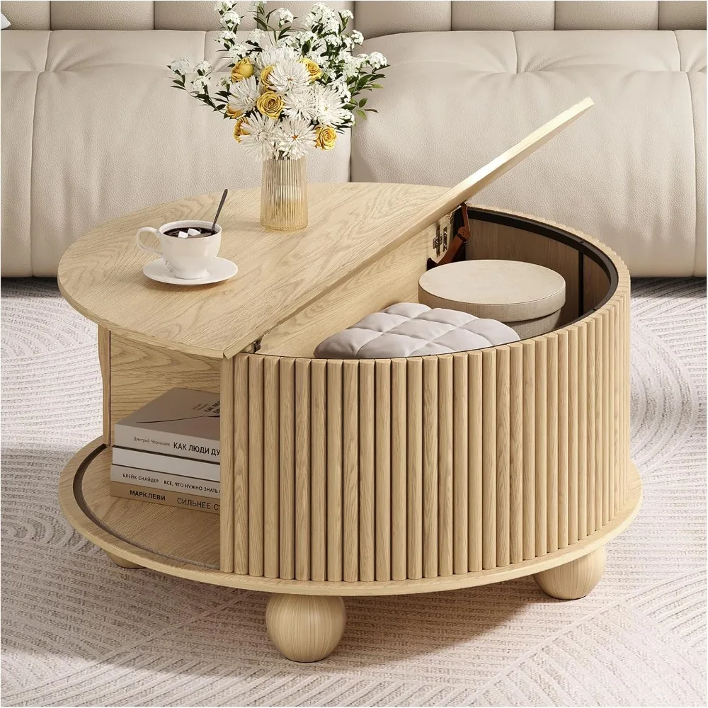 

Round Coffee Table with Storage,31.5" Mid Century Modern Coffee Table with Bun Feet,Fluted Center Table for Living Room,Home Sma