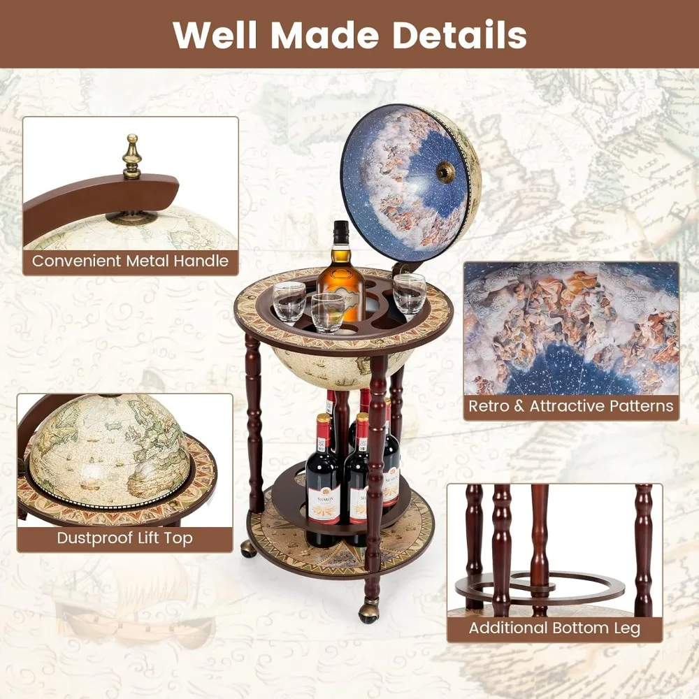 18-inch Antique-Style Globe Bar Cabinet on Wheels with Bottom Shelf and 16th Century Italian Map Replica