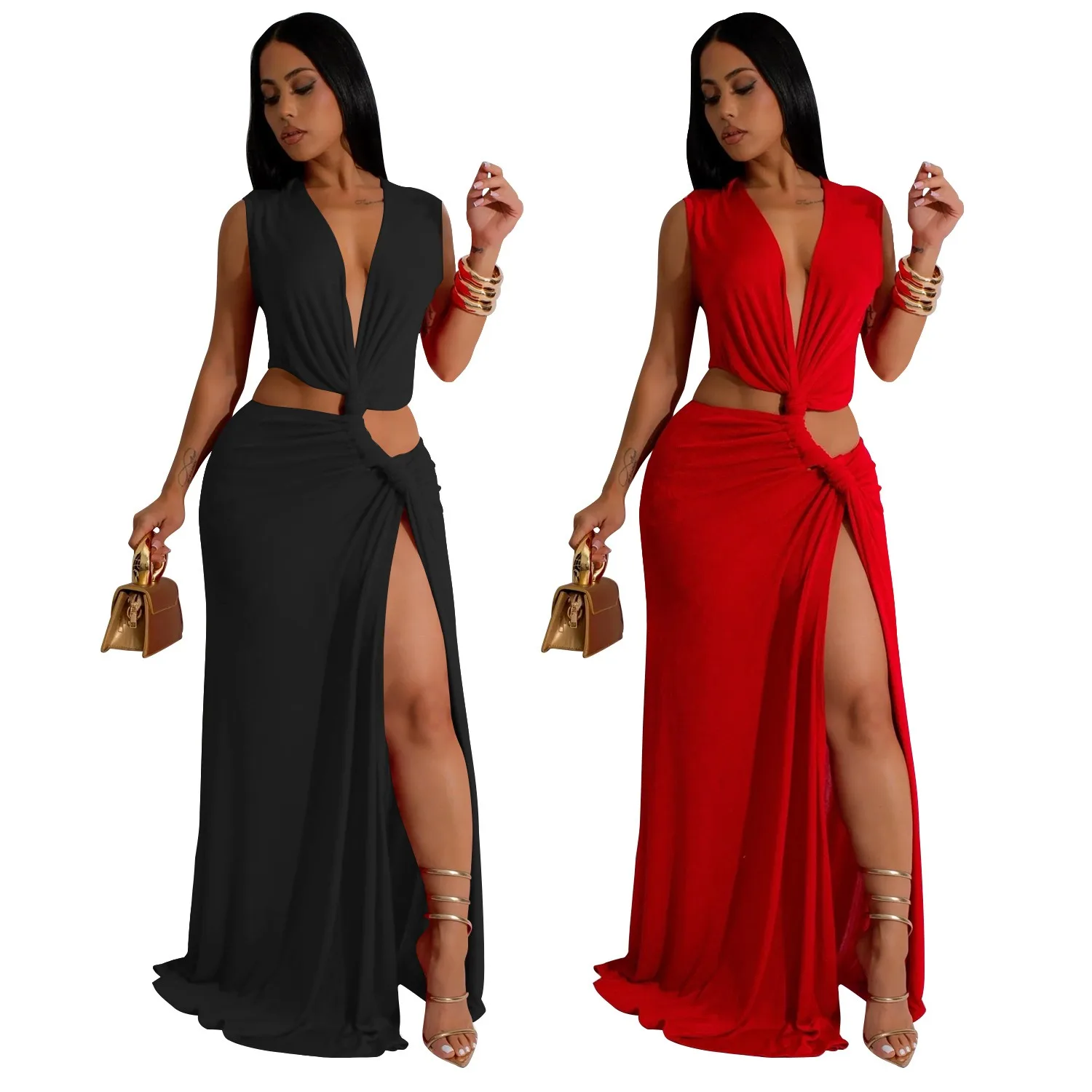 

Sexy Nightclub Party Prom Club Banquet Solid Color Sleeveless Deep V Split Dresses