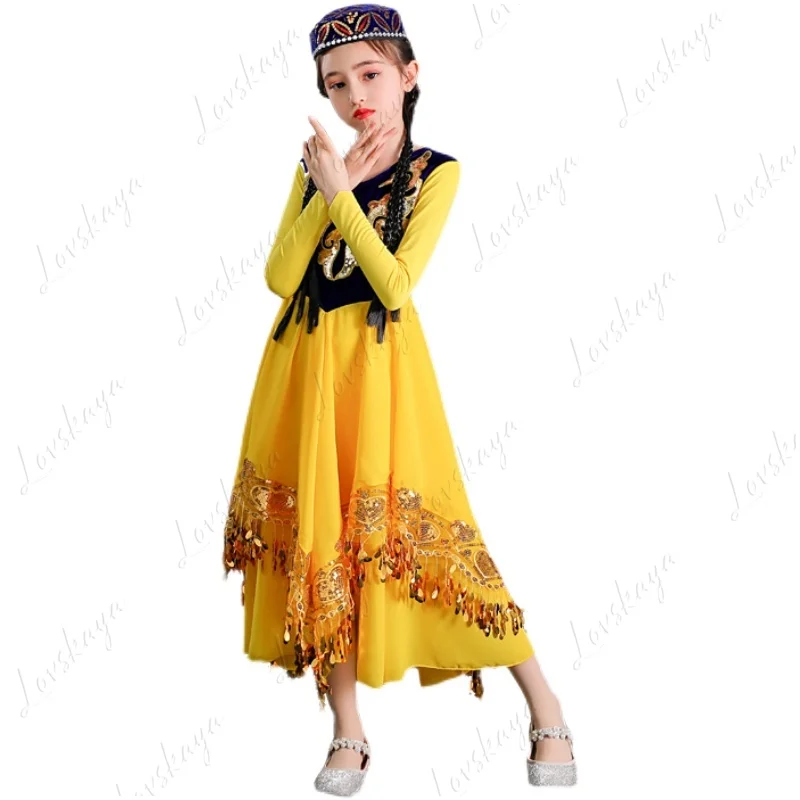Trajes de baile de Xinjiang para niños, ropa de escenario uigur, disfraces étnicos infantiles para actuaciones de danza kazaj