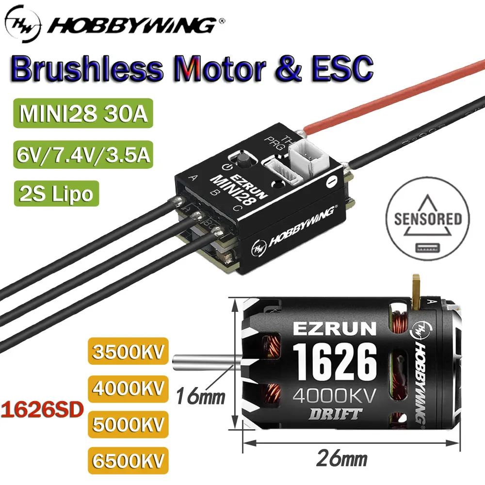 HobbyWing EZRUN MINI28 30A ESC & EZRUN 1626SD 6500/5000/4000KV Sensored Brushless Motor Combo for 1:28 RC GL Racing/Drift Car