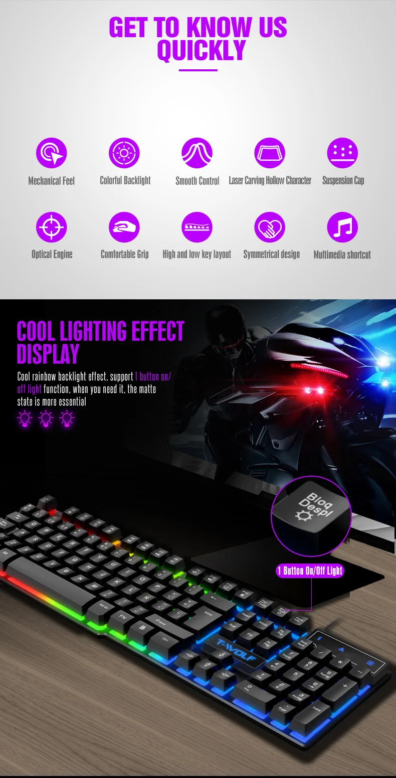 USB Wired E-Sport Keyboard Mouse Combo, 3 Layouts English Arabic Russian, RGB Rainbow Color Backlight, Gaming Kit for PC Laptop