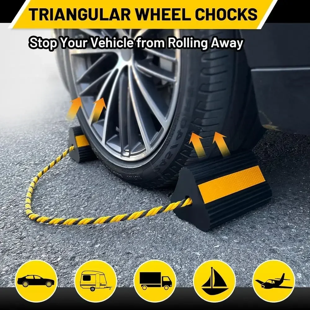Wheel Chocks (2pair/4pack with Rope) for RV Trailer Camper Truck Car Aircraft, Versatile Heavy Duty Rubber Wheel Chocks Block wi view 4
