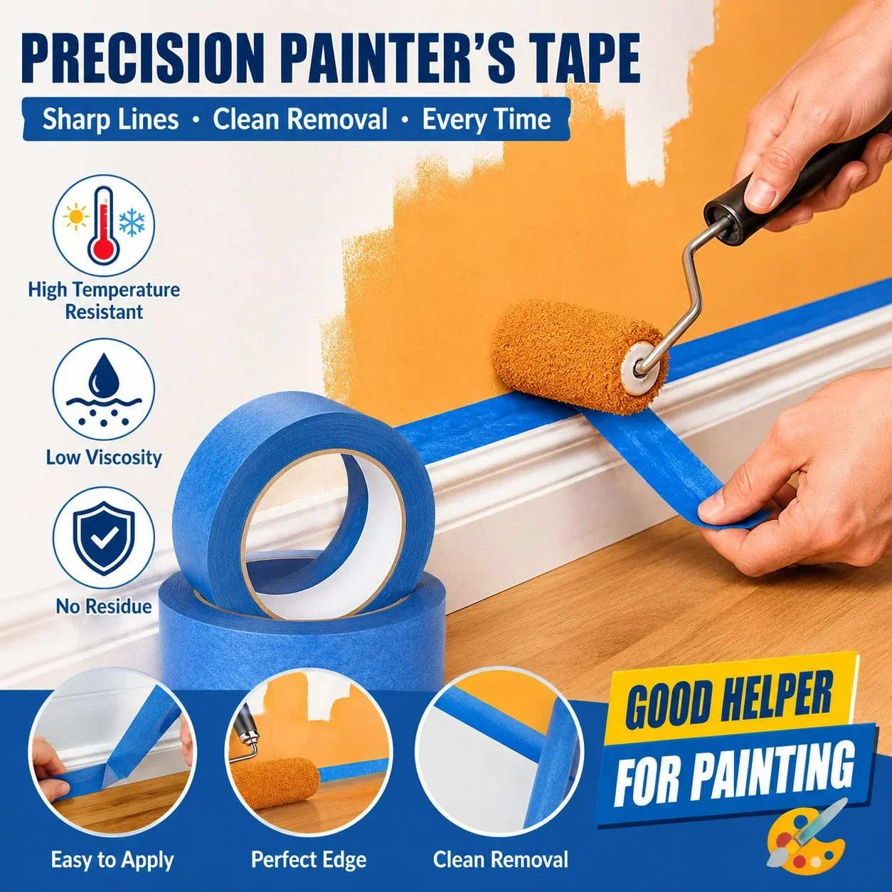 3 Roll/Set Paint Tape Multi-Surface Masking Easy Removal Paint Tape Security Wall Painting Crafts Art Construction Home 20m/Roll