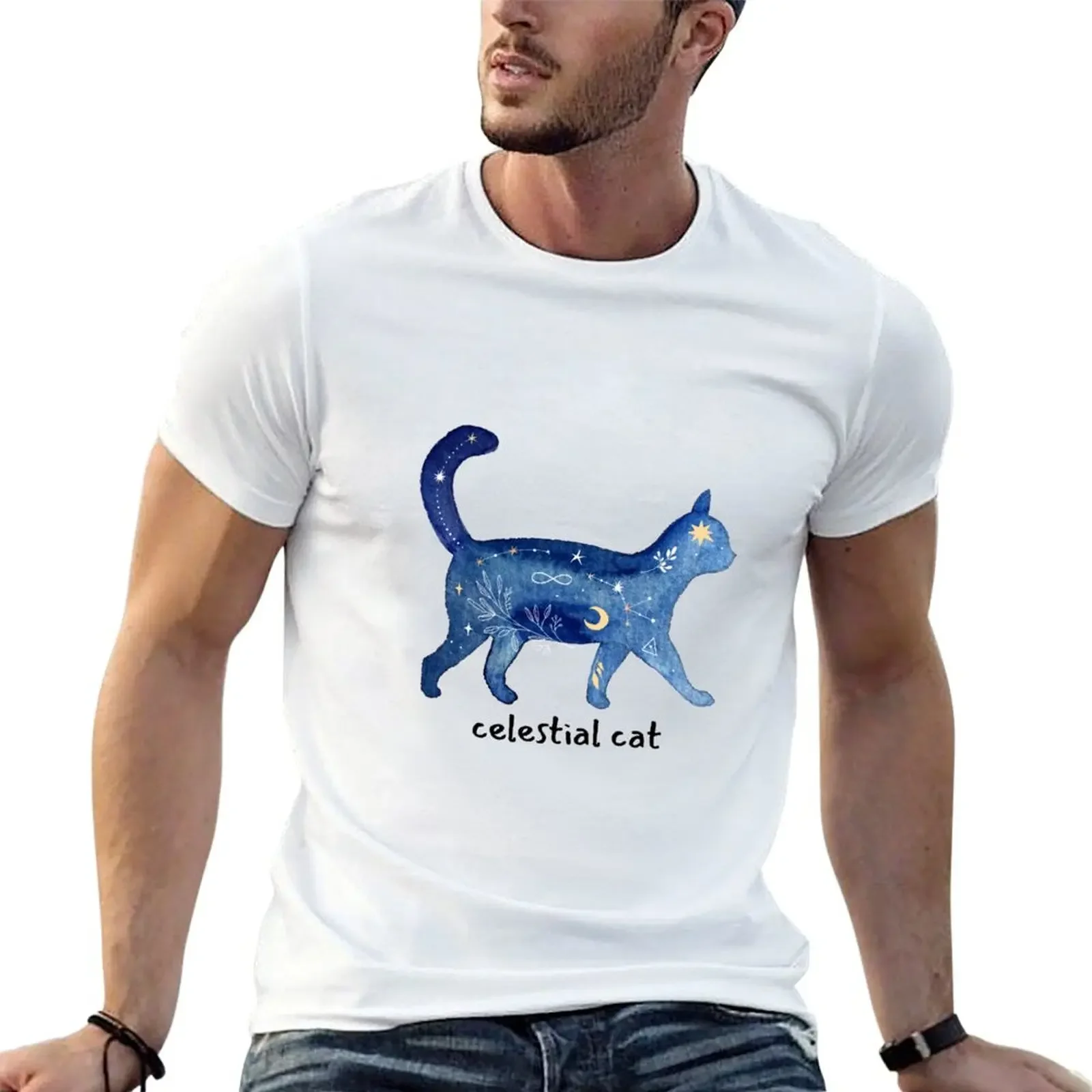 

Magical Gradient cat celestial cat T-shirt boys animal print Blouse heavy weight t shirts for men