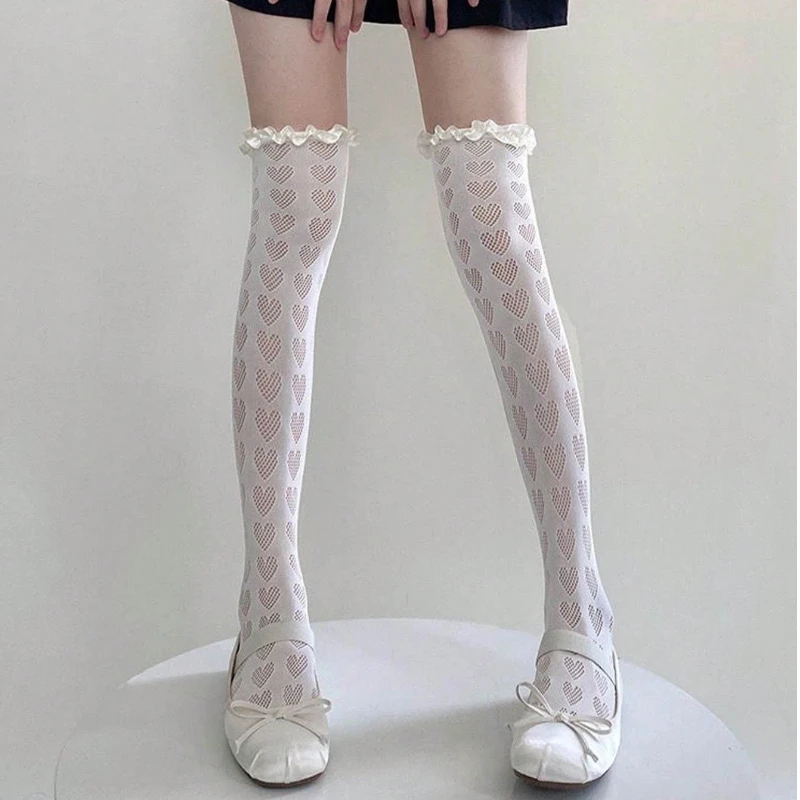 A Pair of Mu Ruan Sexy Red Heart-shaped Knee High Stockings for Girls Japanese Silk Border with Hollow Out