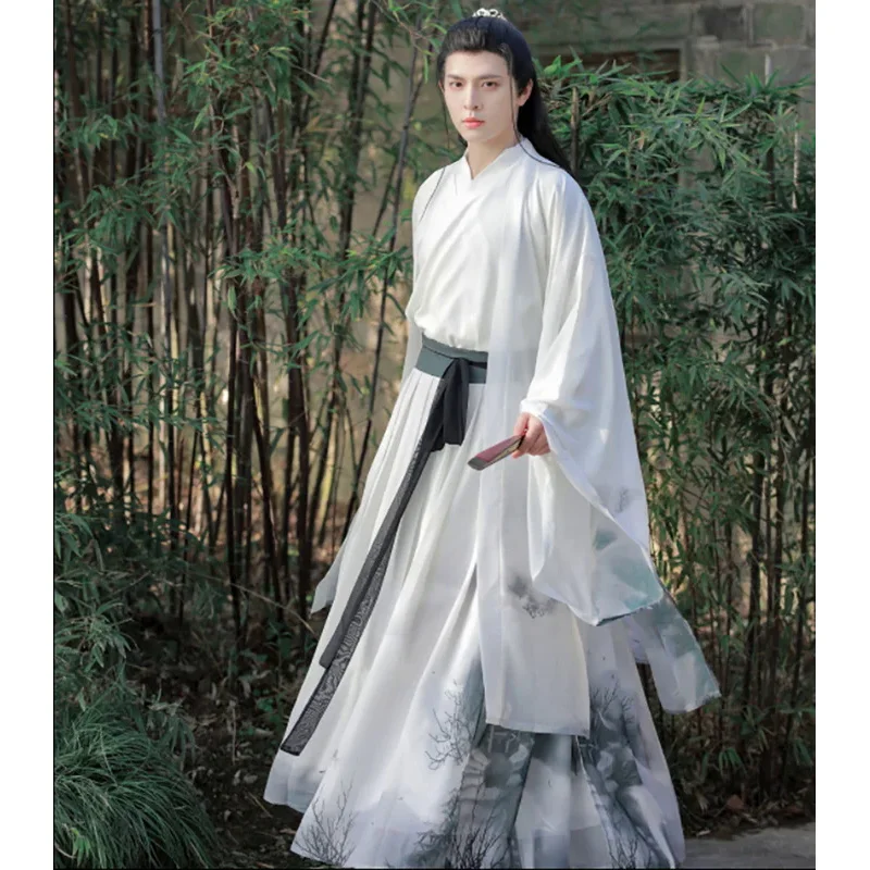 Plus size men Hanfu gown ancient Chinese embroidery Hanfu male cosplay costume gray blue Hanfu 3PCs sets for men large size 2XL