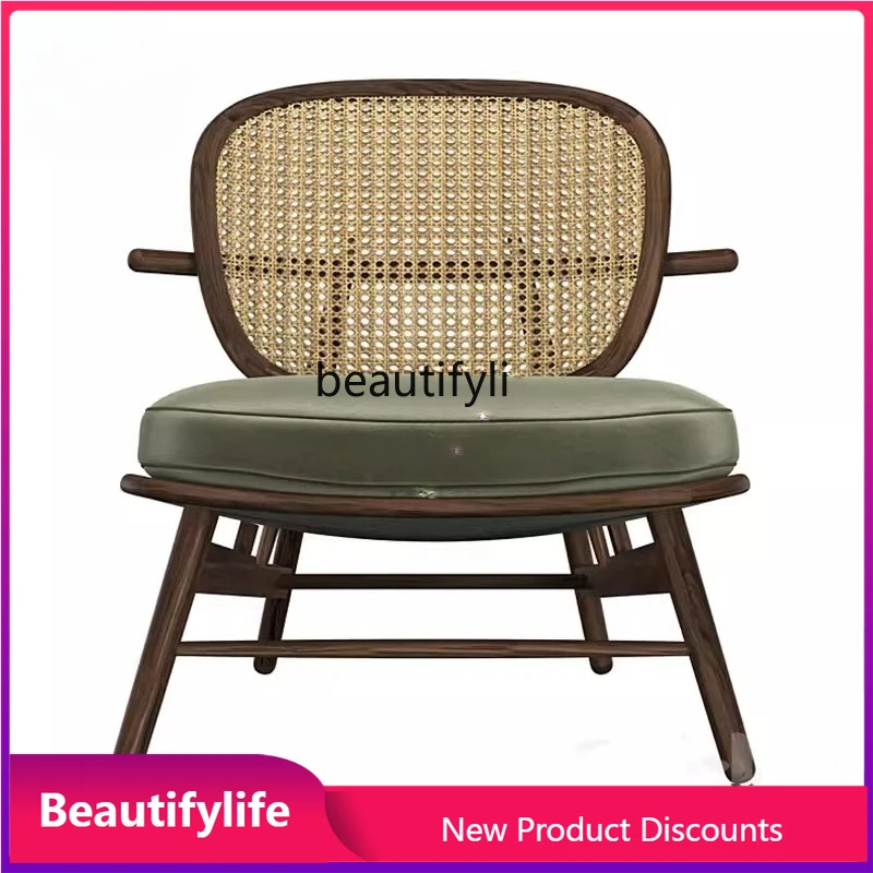H  New Chinese Style Solid Wood Woven Rattan Balcony Leisure Chair Nordic Model Room Cafe Rattan Backrest