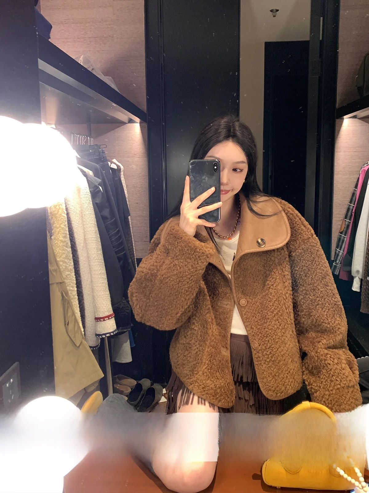 

Ele Fur Collar Inteated Leather And Fur Women's Coat Vintage Loose Fit Winter Outerwear Sli Streetwear ort Sle
