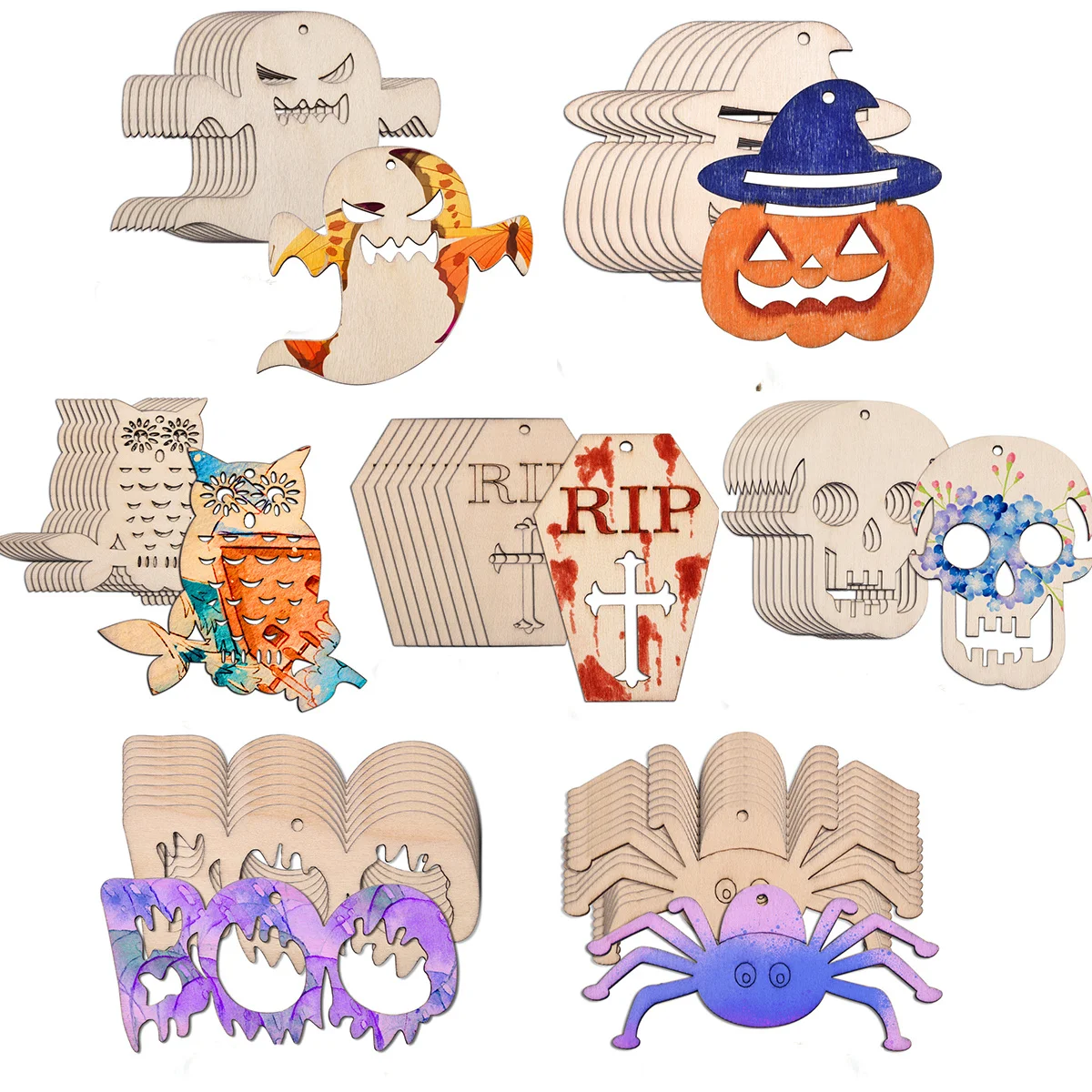 10Pcs Halloween Wooden Hanging Crafts Spider Pumpkin Ornament For Halloween Home Decorations Kids DIY Painting Gifts Supplies