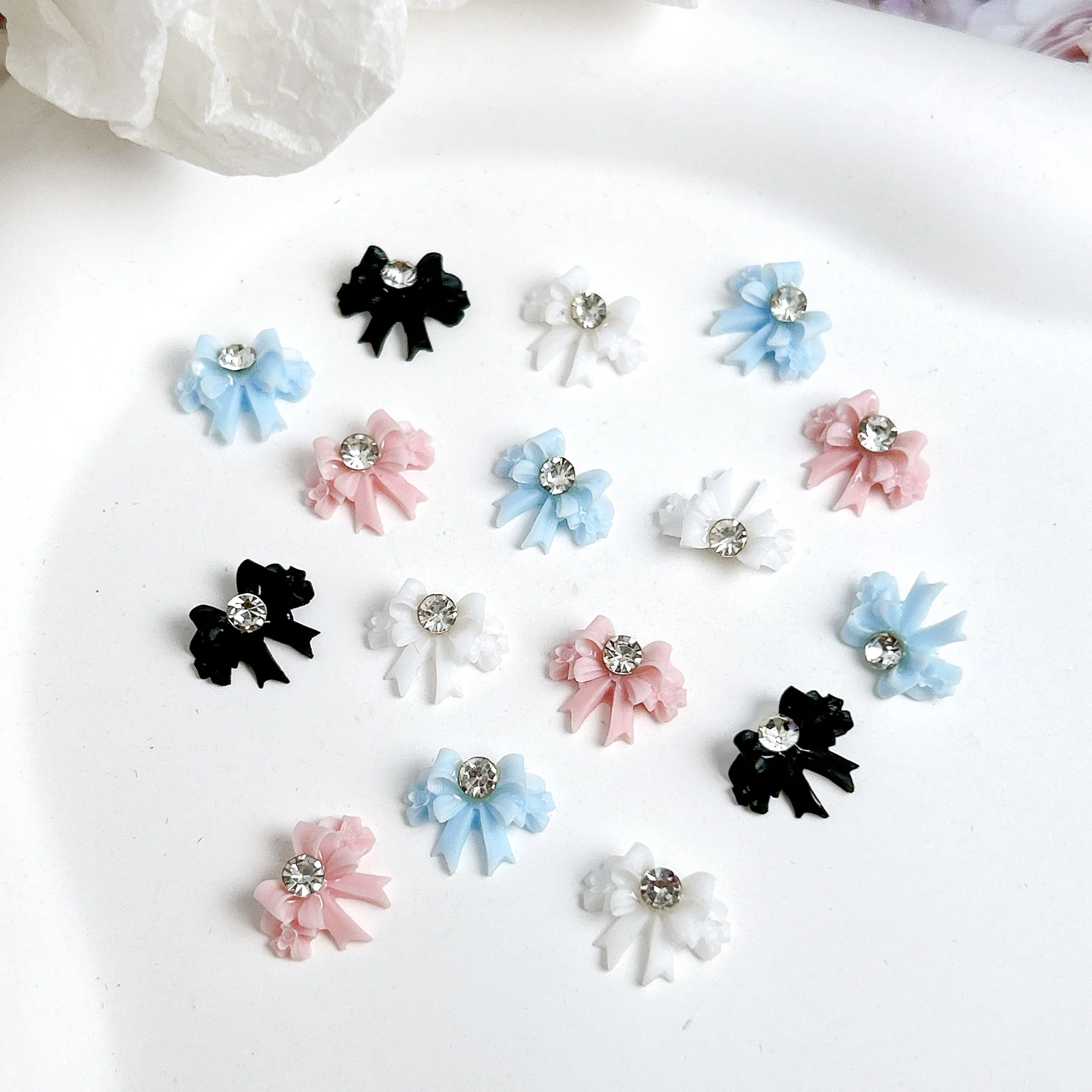 30PCS Solid Color Fairy Bows Resin Nail Charms Double-layer Minimalist Bows Rhinestone Inlaid for DIY French Style Hairpin Nails