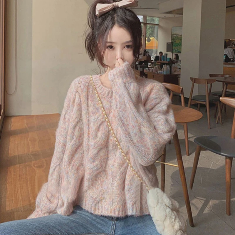 Zoki Pink Sweet Knitted Sweaters Women Loose O Neck Casual Long Sleeve Pullovers Korean Fashion Fall Female Elegant Jumpers New