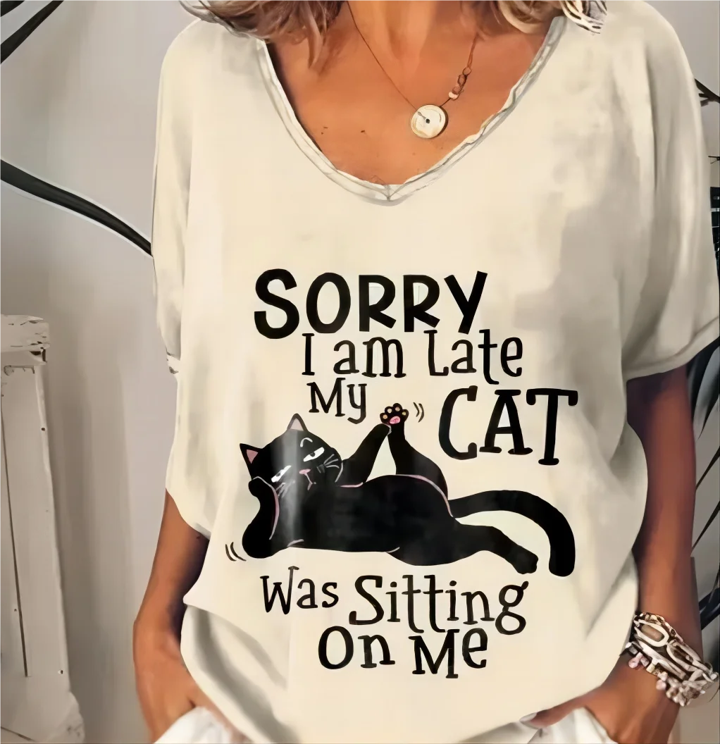 

New Arrival Women's Streetwear T-Shirt: 3D Funny Cat Print, Oversized V-Neck, Summer Comfort Loose Fit