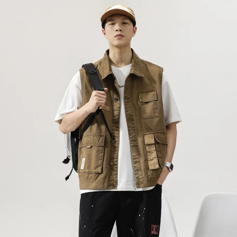 

American Sle Heavyweight Retro Patchwork Workwear Vest Men's Spring Trendy Brand Multi-ket Pure Cotton oulder Jaet