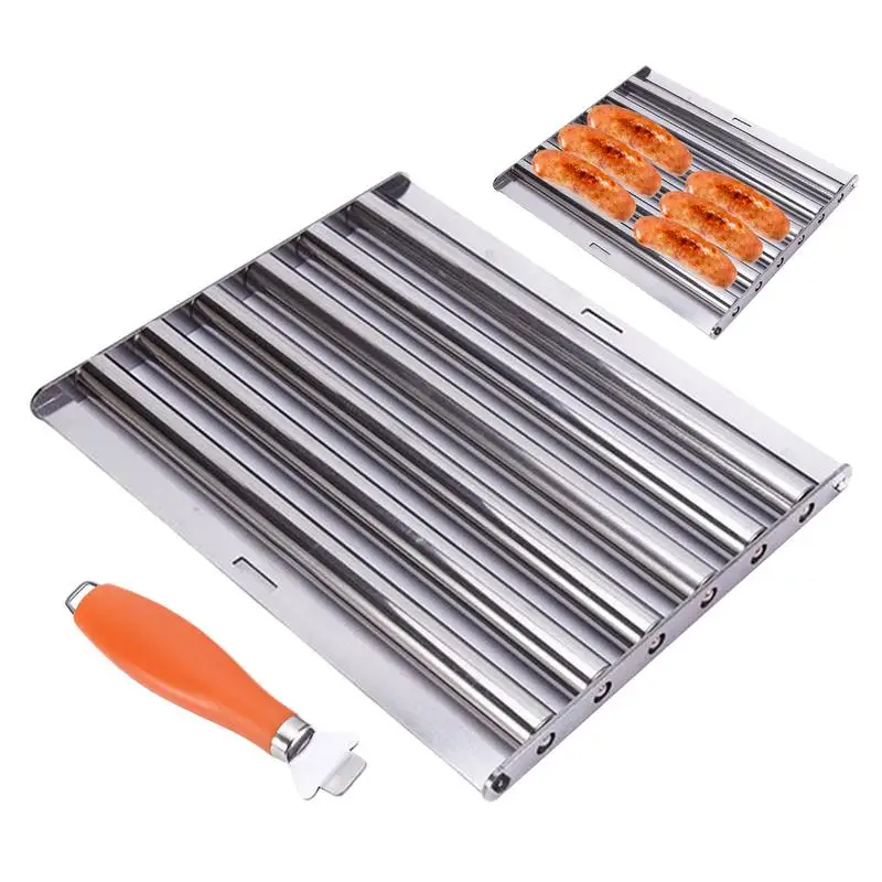 

Hot Dog Roller Rack, Stainless Steel Outdoors BBQ Sausage Grill Pan With Long Wood Handle Detachable Barbecue Tools