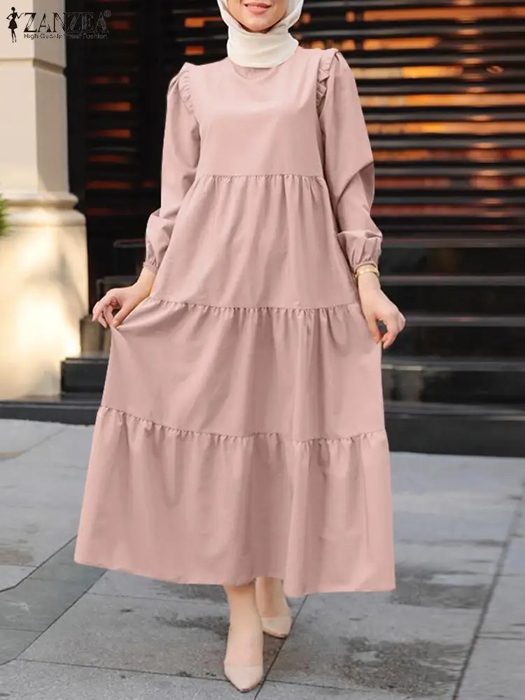 

ZANZEA Women Elegant Muslim Dress Full Sleeve O-Neck Solid Color Maxi Vestido Casual Vintage Robe Dubai Turkey Tiered Dresses