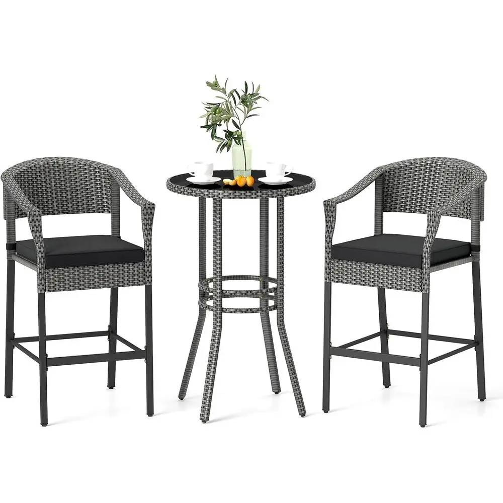 

Wicker Bar Set with Cushioned Armchairs and Tempered Glass Table for Patio, Deck, or Poolside in Mix Gray