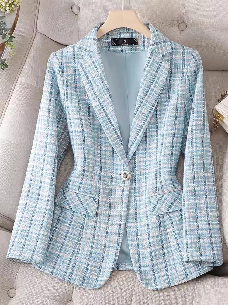 

2024 Spring and Autumn Clothes New Blue Goundstooth High-quality Retro Small Blazer Short Coat Female Slim Fashionable Top