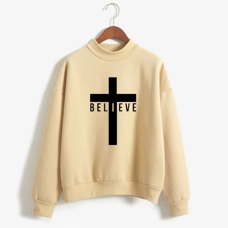 Believe in Jesus Cross Print Woman Sweatshirts Sweet Korean O-neck Knitted Pullover Autumn Winter Candy Color Women Clothing