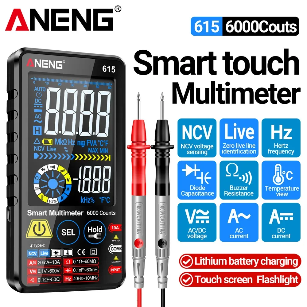 ANENG 615 Touchscreen Digital-Multimeter 6000 Anzeigen VA Reverse Display USB Aufladbar NCV Temperatur 60MHz Frequenztester