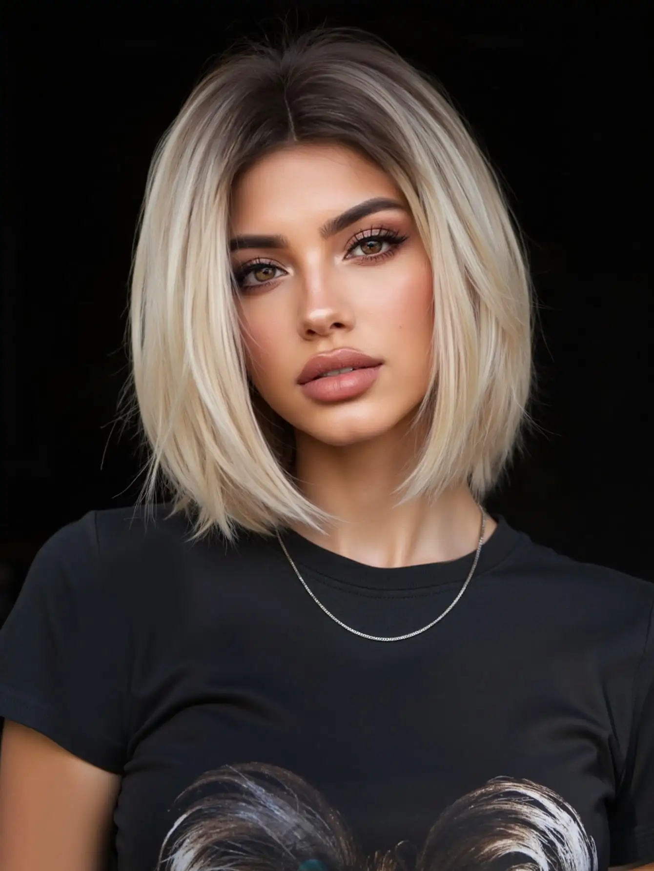 

12-Inch Light Golden With Dark Roots And White & Black Colored Middle-Parted Short Straight Wig, Beautiful Everyday Women Synthe