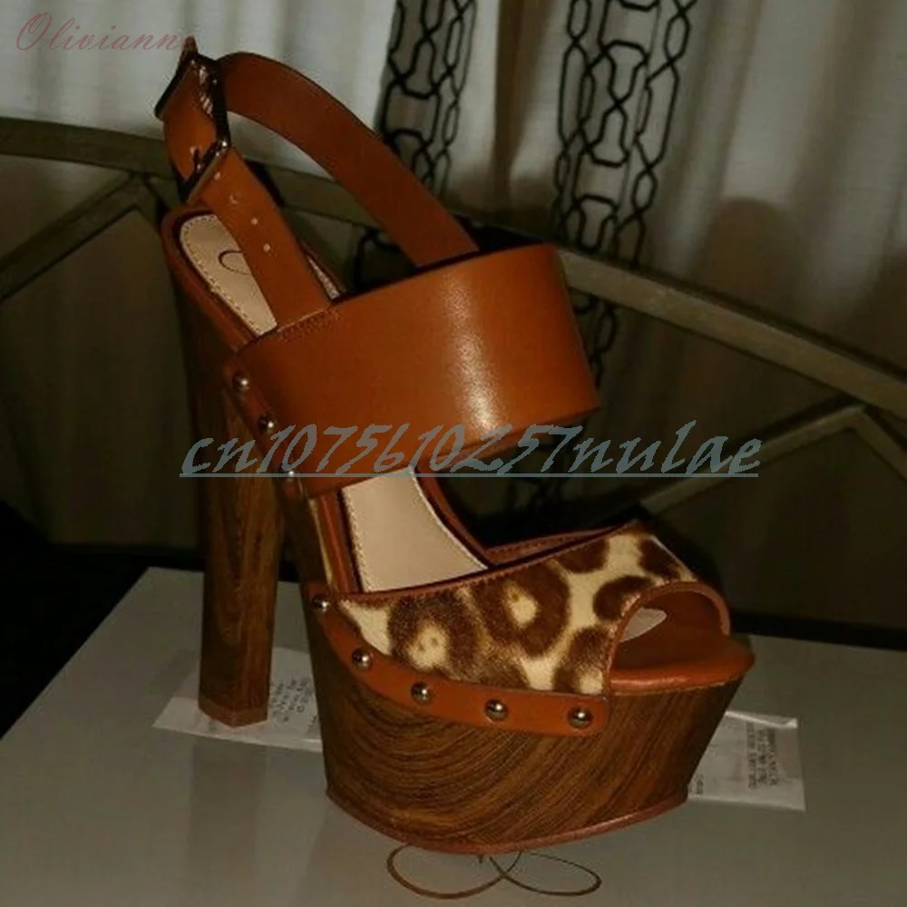 

2025 Mutilcolor Leopard Print Slingback Sandals Open Toe Rivets Chunky High Heel Fashion Sexy Women Shoes Zapatos Para Mujere