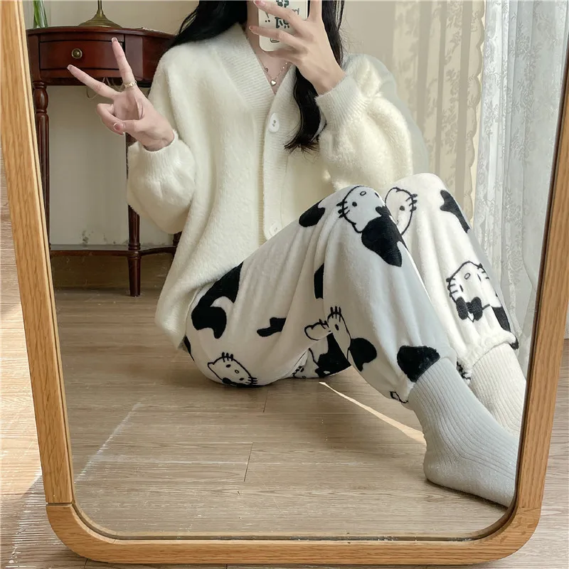 Hello Kitty Flannel Pajamas Cute Women\'s Warm Woolen Sanrio Cartoon Casual Home Pants In Autumn Winter Fashion Trousers